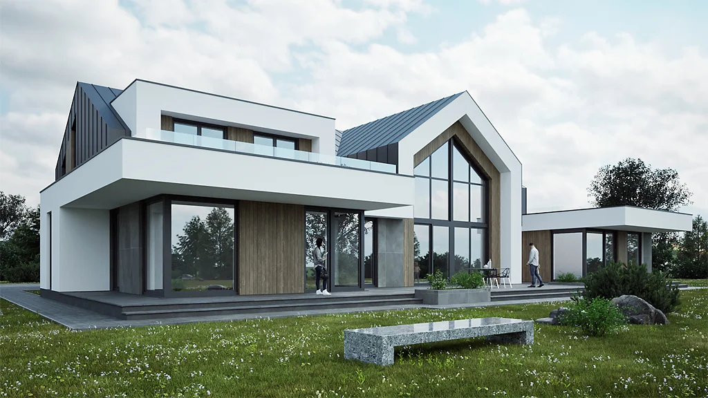 Wizualizacja nowoczesnego domu jednorodzinnego z przeszkloną bryłą i tarasem